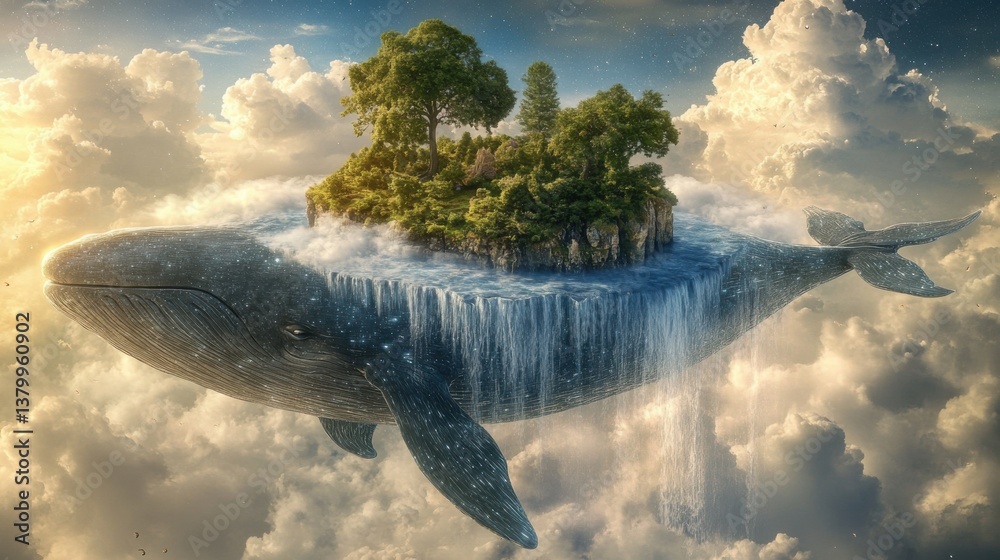 Fototapeta premium Whale carrying an island in the sky.