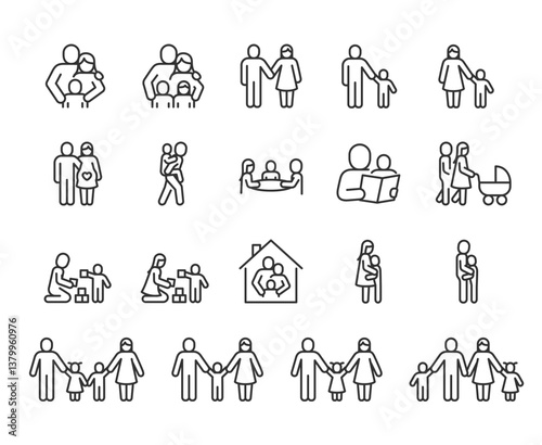Family and Parenting, Icon Set. Parents with children, family bonding, pregnant, playing with kids, reading together, spending time at home. Family life, childcare. Line with editable stroke