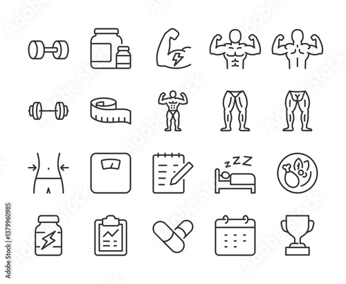 Bodybuilding and fitness, icon set. Bodybuilder, dumbbell, workout, muscle group, nutrition, supplements, and gym-related activities. Healthy lifestyle. Line with editable stroke