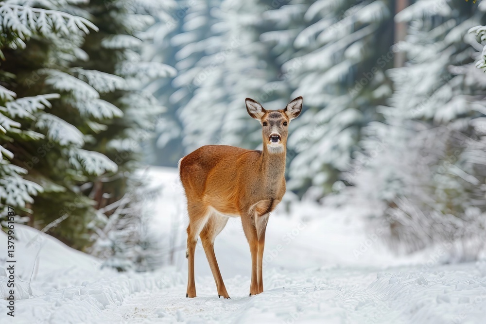 Tranquil scene of winter forest with solitary deer amidst snowy pines Tranquil scene of winter forest with solitary deer amidst snowy pines