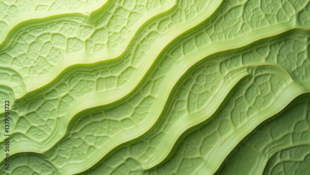 Fototapeta premium Detailed close-up of a green leaf showing its intricate textures and patterns. The leaf's surface reveals its organic structure, with veins and ridges that create a captivating visual narrative.