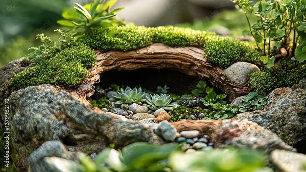 A miniature garden with succulents, moss, and rocks built inside a piece of wood. A miniature garden with succulents, moss, and rocks built inside a piece of wood.