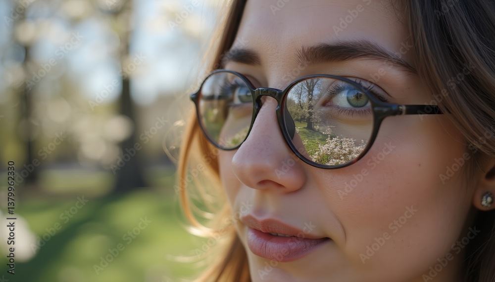 Woman with Smiling Mood Looking at Park Reflection in Glasses. Woman with Smiling Mood Looking at Park Reflection in Glasses.
