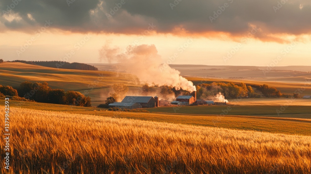 Fototapeta premium The sun sets over a rural landscape, casting a warm glow on golden wheat fields while smoke billows from nearby barns, enhancing the tranquil atmosphere of farm life
