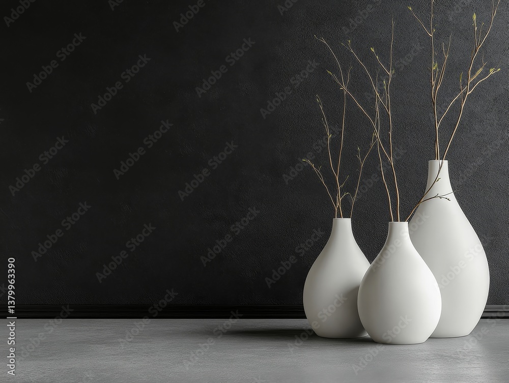 White Vases with Branches on Gray Wallpaper in Minimalist Interior Design White Vases with Branches on Gray Wallpaper in Minimalist Interior Design