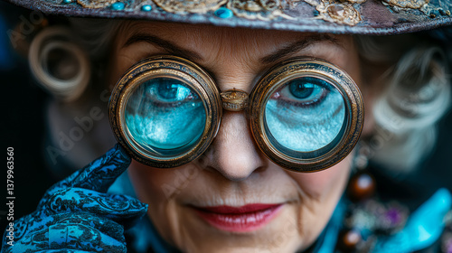 Vintage lifestyle of Using a lorgnette to watch the opera. Enigmatic Gaze: An antique spectacle frames the profound look of a matron