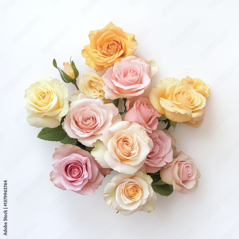 Bouquet of Light Pink, Peach, and Yellow Roses on a White Background in Flat Lay Composition Bouquet of Light Pink, Peach, and Yellow Roses on a White Background in Flat Lay Composition