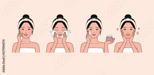 Cosmetic skin care routine_washing face, applying lotion_North Asian woman(girl)