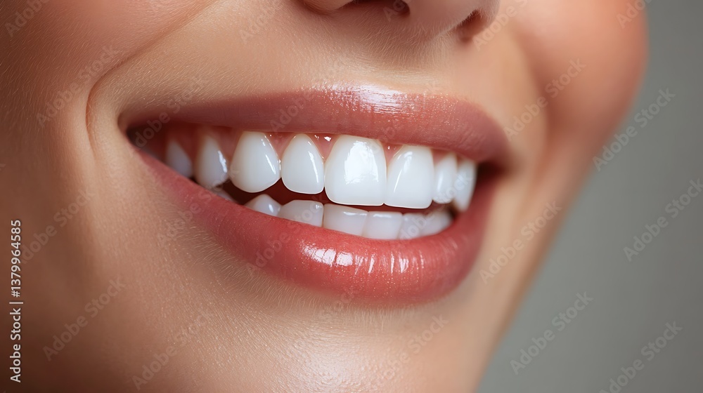 Fototapeta premium Side profile macro shot of a wide, whitened smile, clean lips, soft jawline curve visible, soft ambient light highlighting tooth shine. Background is neutral gray gradient.