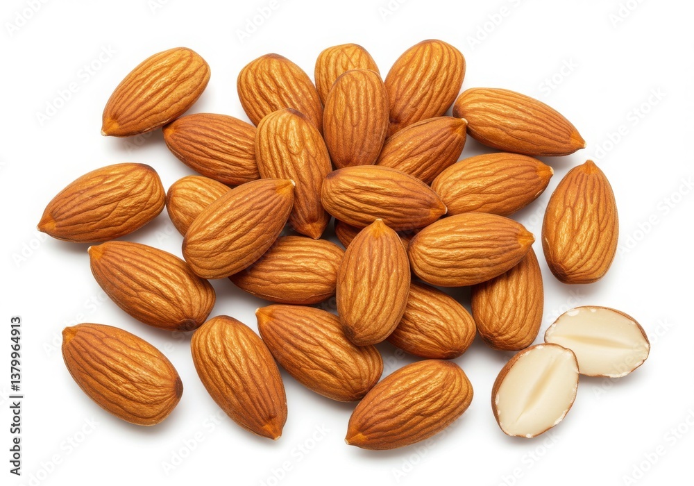 A group of almonds scattered on a white surface with one almond cut in half present in the image A group of almonds scattered on a white surface with one almond cut in half present in the image