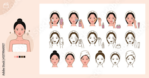 Cosmetic skin care routine_applying toner, lotion, cream, mist, oil_North Asian woman(girl)