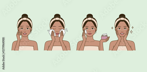 Cosmetic skin care routine_washing face, applying lotion_South Asian woman(girl)