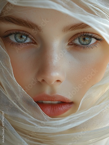Ethereal close-up of a woman with a veil over her head capturing a windblown and dreamy essence