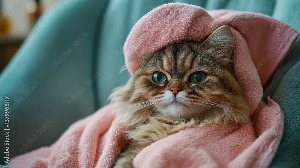 Cozy Cat Wrapped in Soft Pink Towel Relaxing on Chair Cozy Cat Wrapped in Soft Pink Towel Relaxing on Chair