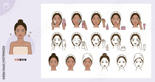 Cosmetic skin care routine_applying toner, lotion, cream, mist, oil_Middle Eastern woman(girl)