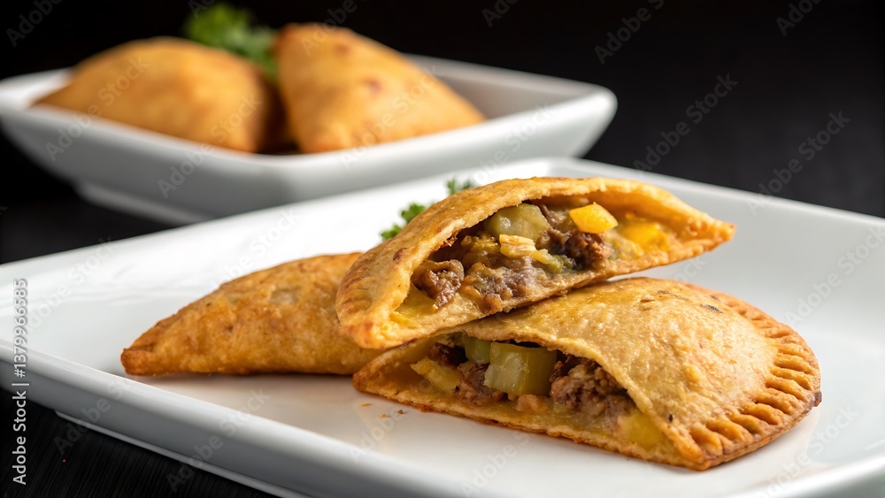 Three half-moon empanadas with golden crust and visible meat-and-potato filling served with a salsa bowl on a white plate — Tres empanadas en media luna de corteza dorada con relleno de carne y papa v Three half-moon empanadas with golden crust and visible meat-and-potato filling served with a salsa bowl on a white plate — Tres empanadas en media luna de corteza dorada con relleno de carne y papa v