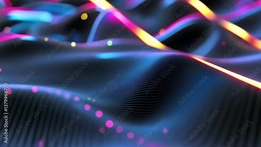 Digital wave of glowing dots and neon stripes forming smooth abstract landscape. Concept of futuristic data visualization, synth wave and AI energy flow
