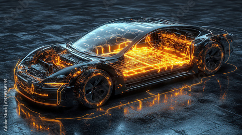 Cutaway technical illustration of electric vehicle battery pack with exposed cooling channels and cell arrangement, featuring holographic energy flow visualization.