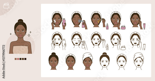 Cosmetic skin care routine_applying toner, lotion, cream, mist, oil_African black woman(girl)