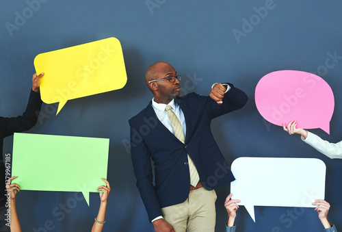Fotografija Man, check watch and hands for speech bubble in office, impatient professional and waiting for news