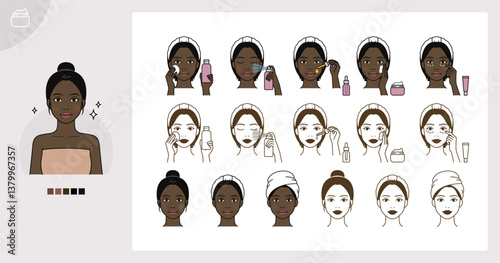 Cosmetic skin care routine_applying toner, lotion, cream, mist, oil_African black woman(girl)