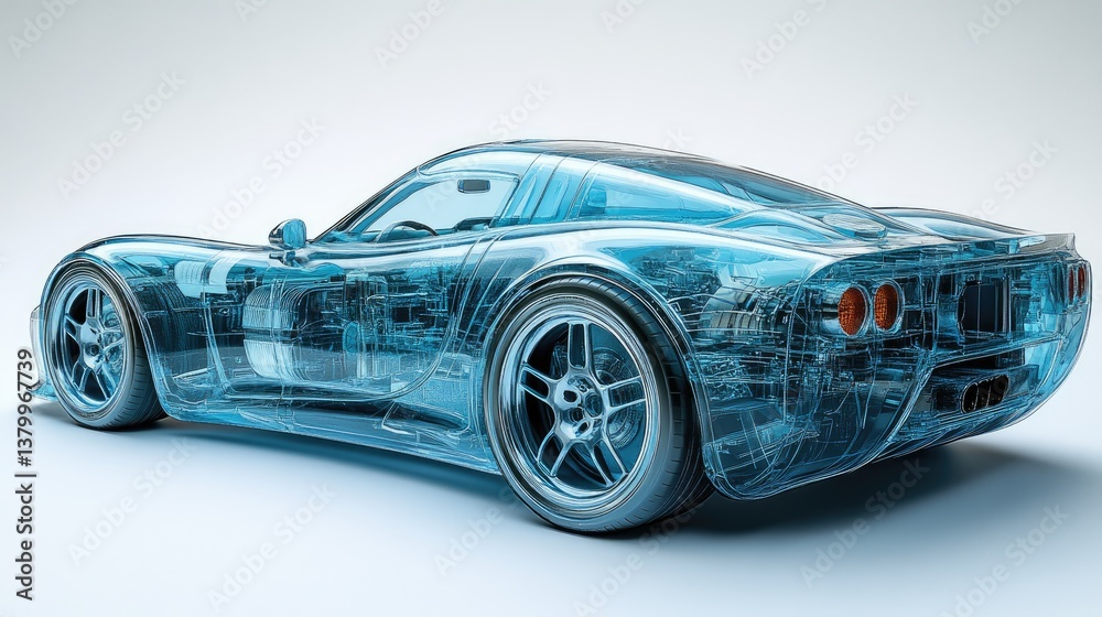 Fototapeta premium A translucent blue car showcases its internal mechanical components