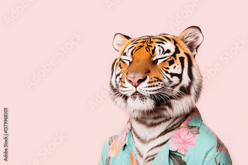 Tiger in a floral shirt against a pink background photo