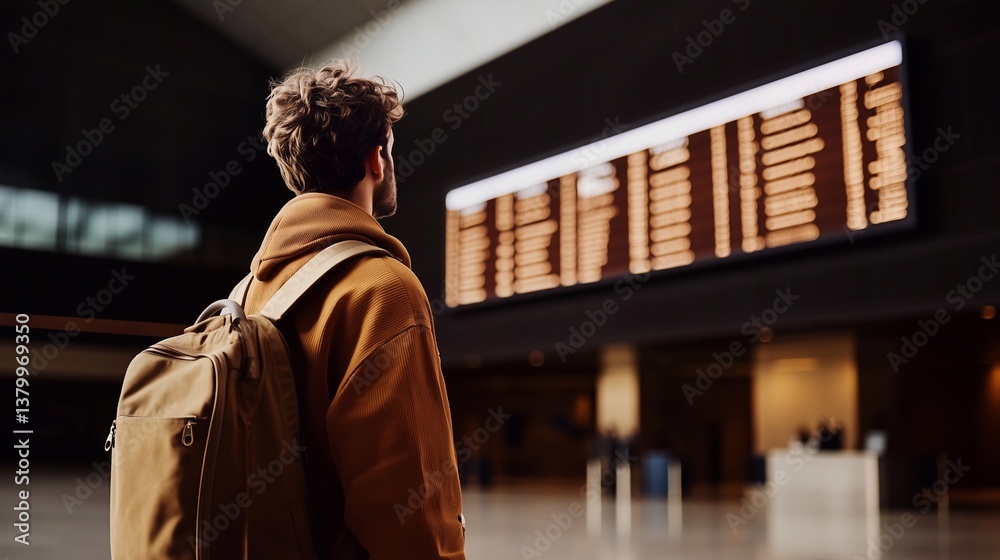 A traveler in a hoodie with a backpack looks at a flight information board in a modern airport, capturing the essence of adventure and anticipation. A traveler in a hoodie with a backpack looks at a flight information board in a modern airport, capturing the essence of adventure and anticipation.