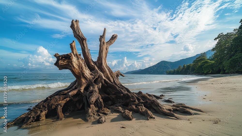A weathered tree stump stands prominently on a sandy beach. Gentle waves lap at the shore, surrounded by dense greenery and majestic mountains under a clear blue sky at sunset A weathered tree stump stands prominently on a sandy beach. Gentle waves lap at the shore, surrounded by dense greenery and majestic mountains under a clear blue sky at sunset