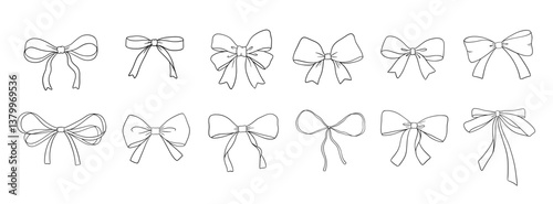 Coquette bow outline drawings set, vector illustration isolated on white, cute doodle ribbon
