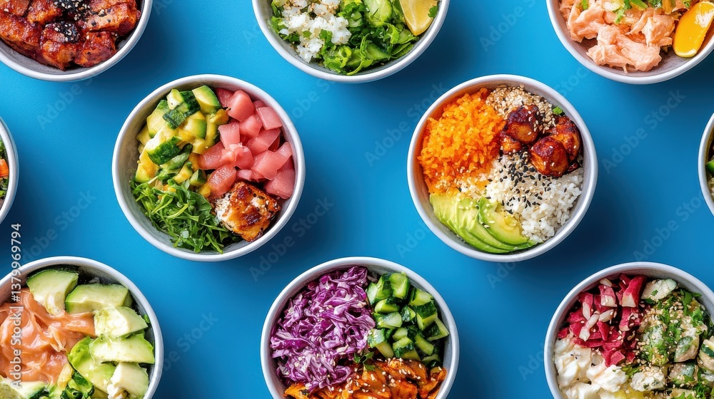 A collection of bowls filled with fresh ingredients including fish, vegetables, and grains is displayed on a bright blue surface. Each bowl features a unique combination of colorful toppings A collection of bowls filled with fresh ingredients including fish, vegetables, and grains is displayed on a bright blue surface. Each bowl features a unique combination of colorful toppings