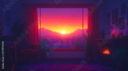 A magical sunrise view from a bedroom window, Abstract Vector Illustration of a Corporate Office Aesthetic Scene 