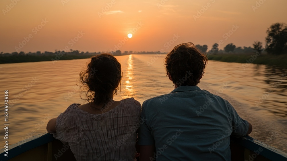Fototapeta premium A couple enjoying a sunset cruise on a tranquil waterway at dusk