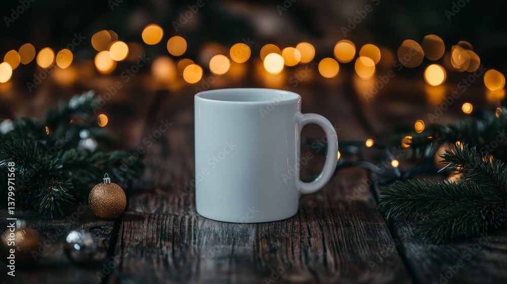 Obraz premium A plain white tea mug rests on a rustic wooden table, surrounded by pine branches and ornaments, with twinkling holiday lights adding a cozy touch