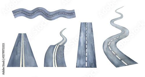 Watercolor street road, hand drawn clipart, highway illustrations set isolated on white background