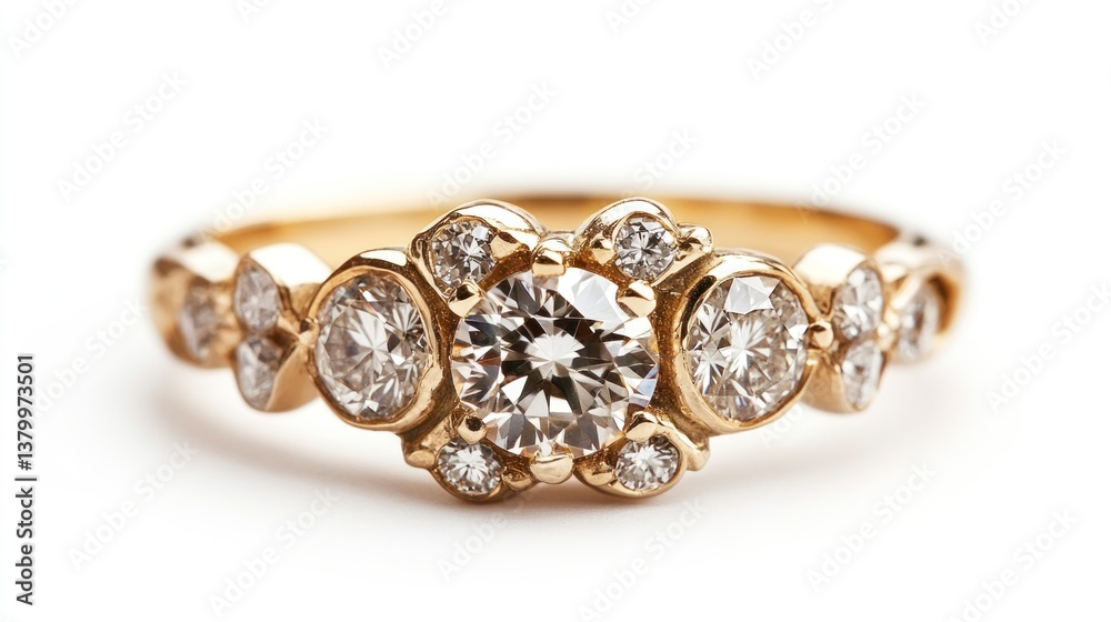 Diamond Engagement Ring with Gold Band Close Up on White Background Diamond Engagement Ring with Gold Band Close Up on White Background