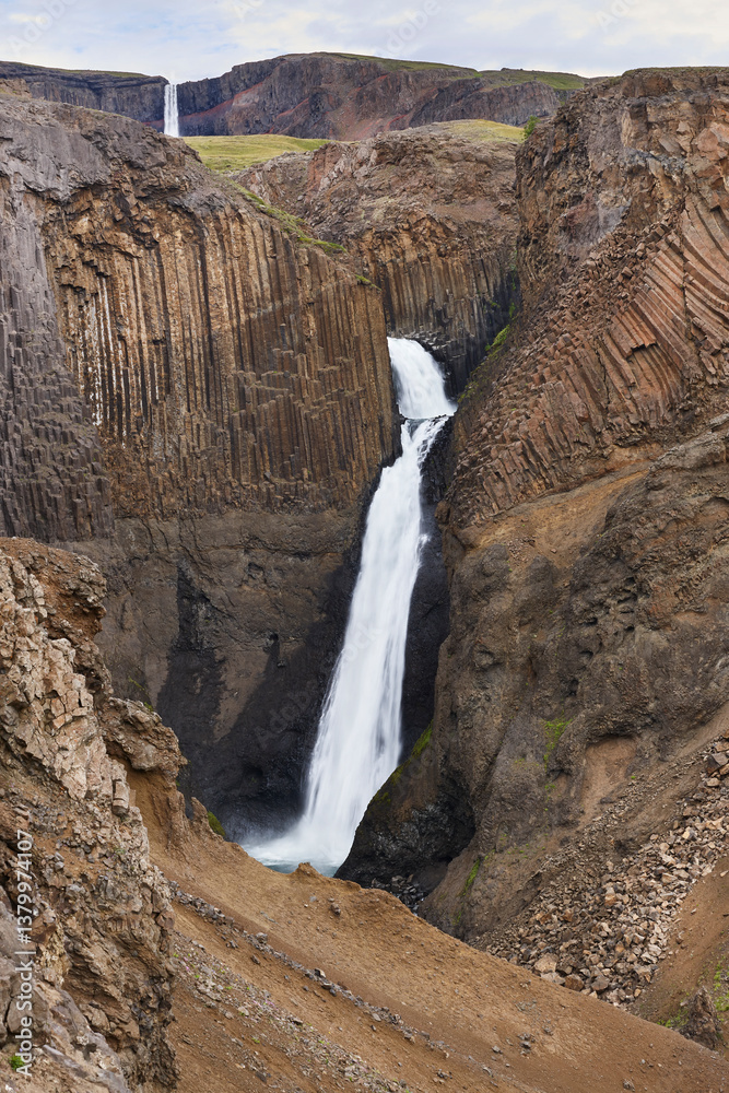 Litlanesfoss waterfall and basaltic rocks. Lagarfljot area. East jfords. Iceland