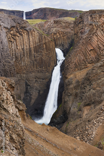 Litlanesfoss waterfall and basaltic rocks. Lagarfljot area. East jfords. Iceland