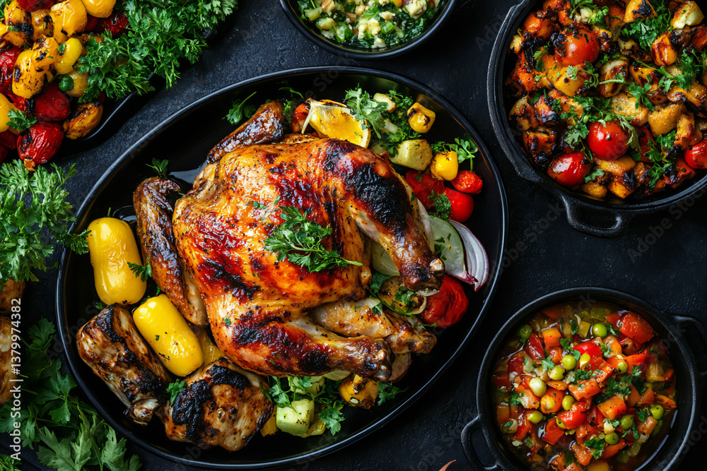 Top View of Delicious Food on a Black Table Top View of Delicious Food on a Black Table
