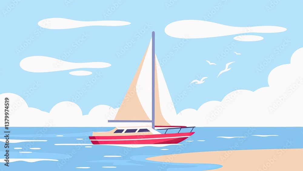 Fototapeta premium Sailboat drifting on calm waters against a clear blue sky 