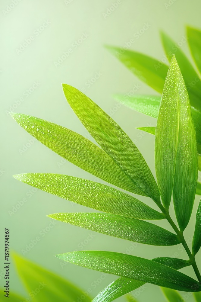 Fototapeta premium Delicate green leaves glistening with dew, showcasing nature's v