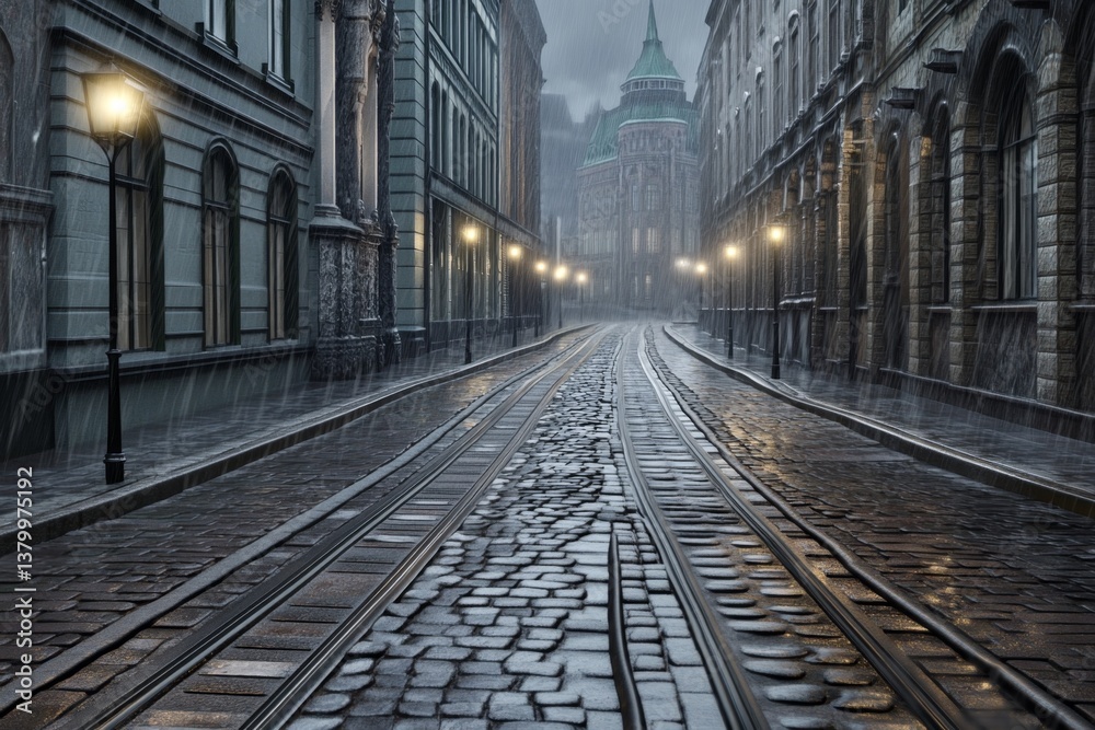 A gothic-inspired Helsinki street in the rain, with dim lanterns illuminating wet cobblestone roads A gothic-inspired Helsinki street in the rain, with dim lanterns illuminating wet cobblestone roads