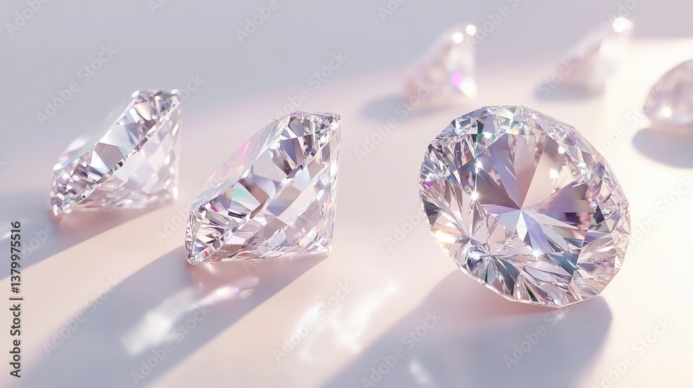 Sparkling Diamonds Gleaming on a White Surface Refracting Light Beautifully Sparkling Diamonds Gleaming on a White Surface Refracting Light Beautifully