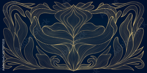Vector nouveau art deco flower line pattern. Gold on blue leaves floral luxury graphic, abstract fancy style decoration. Wavy shape nature ornament