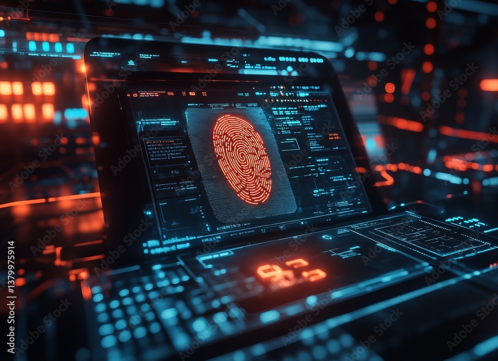 A computer screen shows a red fingerprint on a blue screen. e background with a digital security concept. A computer screen shows a red fingerprint on a blue screen. e background with a digital security concept.