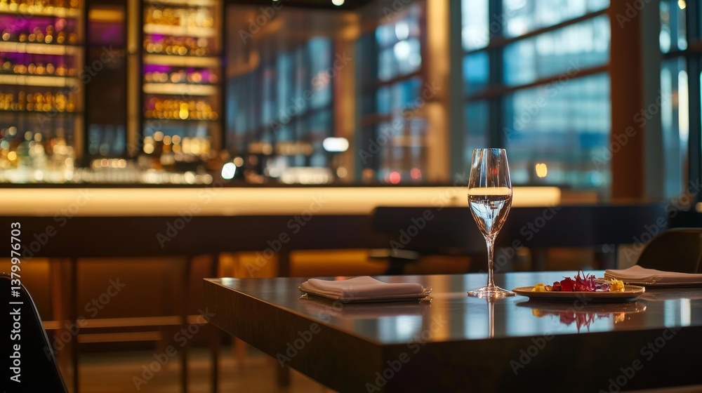 Soft lighting enhances a romantic atmosphere in a restaurant bar featuring a table set with a wine glass and a plate of appetizers, inviting intimate gatherings Soft lighting enhances a romantic atmosphere in a restaurant bar featuring a table set with a wine glass and a plate of appetizers, inviting intimate gatherings