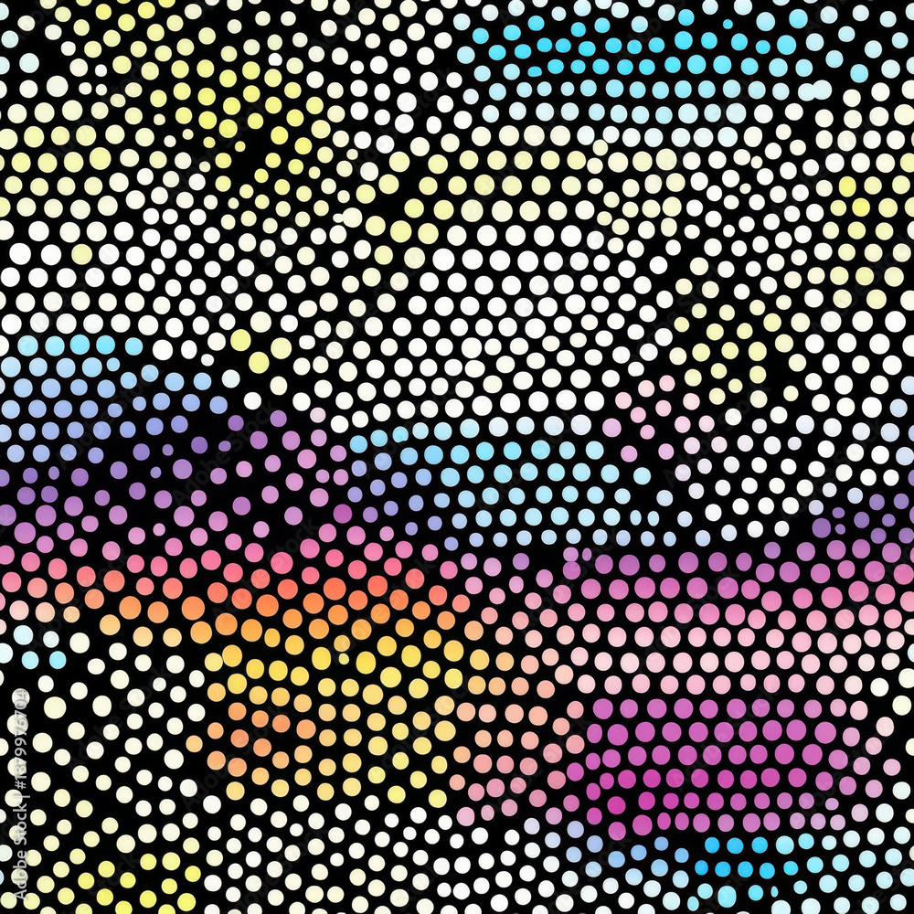 Textile Seamless Pattern Colorful dotted pattern with bold zigzags and gradient hues on black background