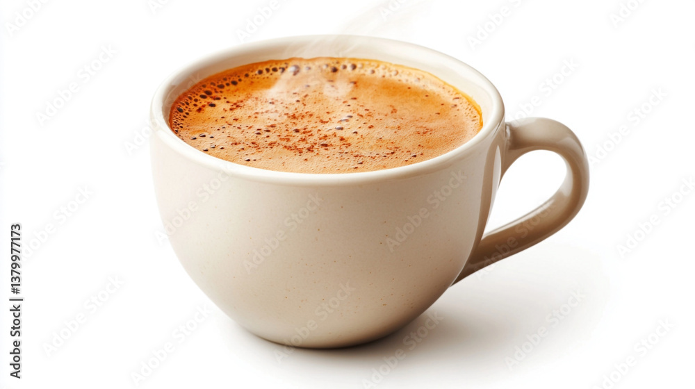 A steaming cup of caramel-flavored coffee, styled to showcase its smooth frothy top, isolated on a white background A steaming cup of caramel-flavored coffee, styled to showcase its smooth frothy top, isolated on a white background