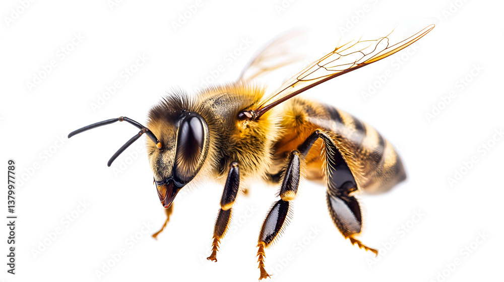 Stunning Bee Flying Isolated on White Background, intricate macro shot of a stunning bee in flight, showcasing delicate wings and fine details, isolated on a bright white background, Generative Ai Stunning Bee Flying Isolated on White Background, intricate macro shot of a stunning bee in flight, showcasing delicate wings and fine details, isolated on a bright white background, Generative Ai