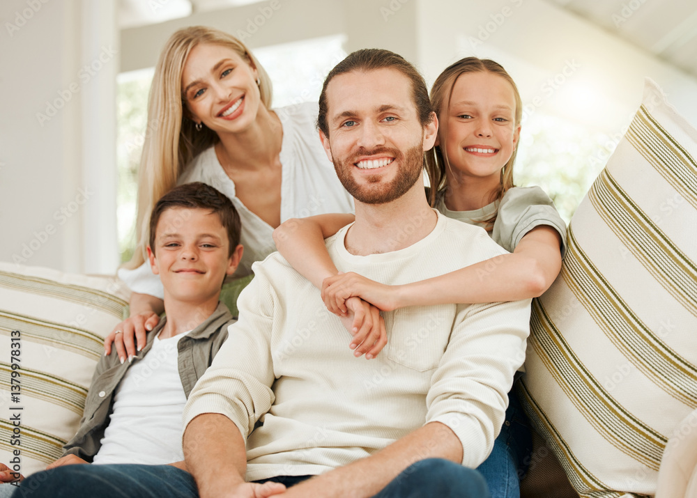Home, happy children or portrait of family with parents on sofa for love, care or boy bonding with girl. Face, mother and father with kids on couch or siblings hug for support in living room together Home, happy children or portrait of family with parents on sofa for love, care or boy bonding with girl. Face, mother and father with kids on couch or siblings hug for support in living room together